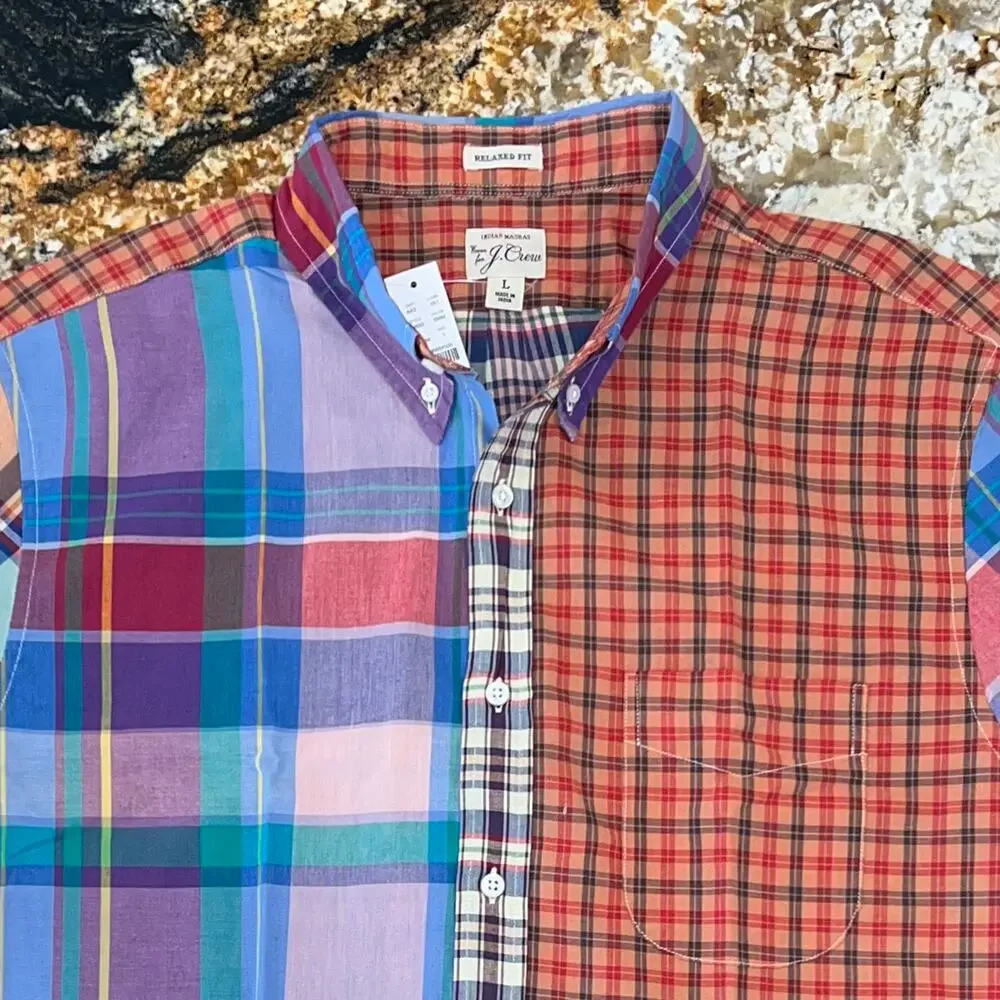 NWT J. Crew Men's Colorful Mixed Plaid Relaxed Indian Madras Shirt